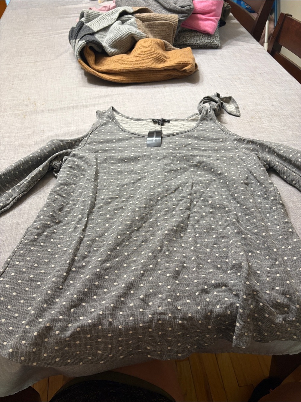 Lane Bryant Gray Dot Cold-Shoulder Tie-Shoulder Top